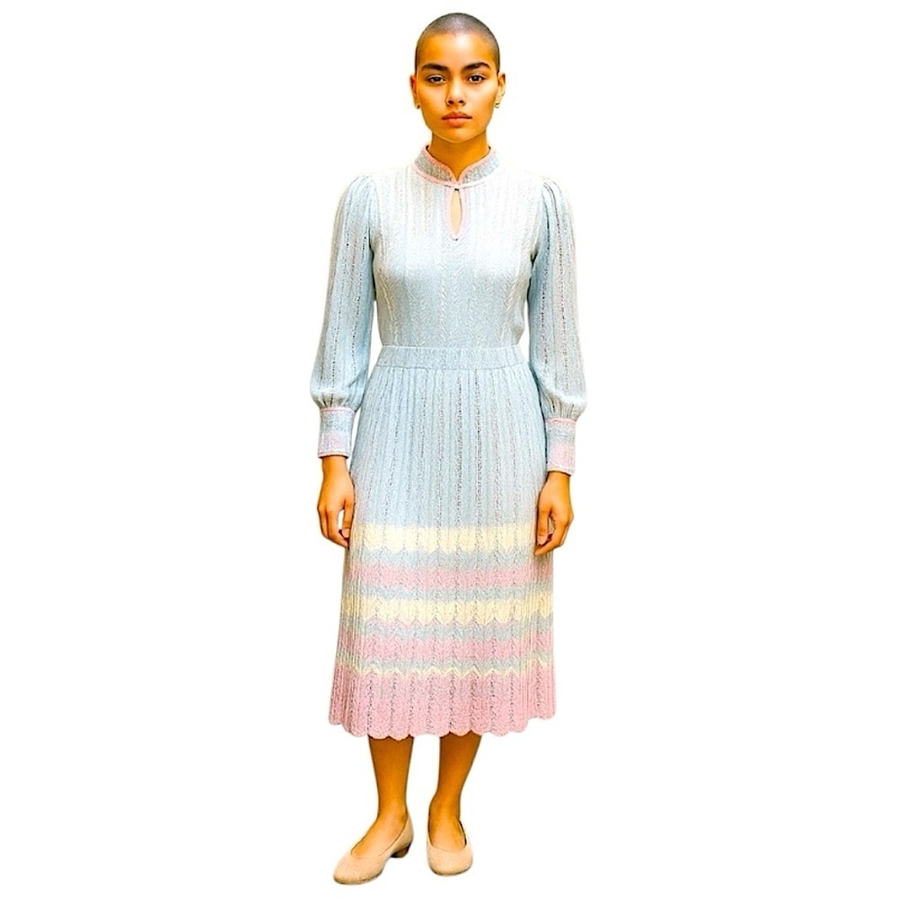 Vintage 50 Crochet Knit Skirt Dress Set Gray XS/S Puff Long Sleeve Feminine Twee